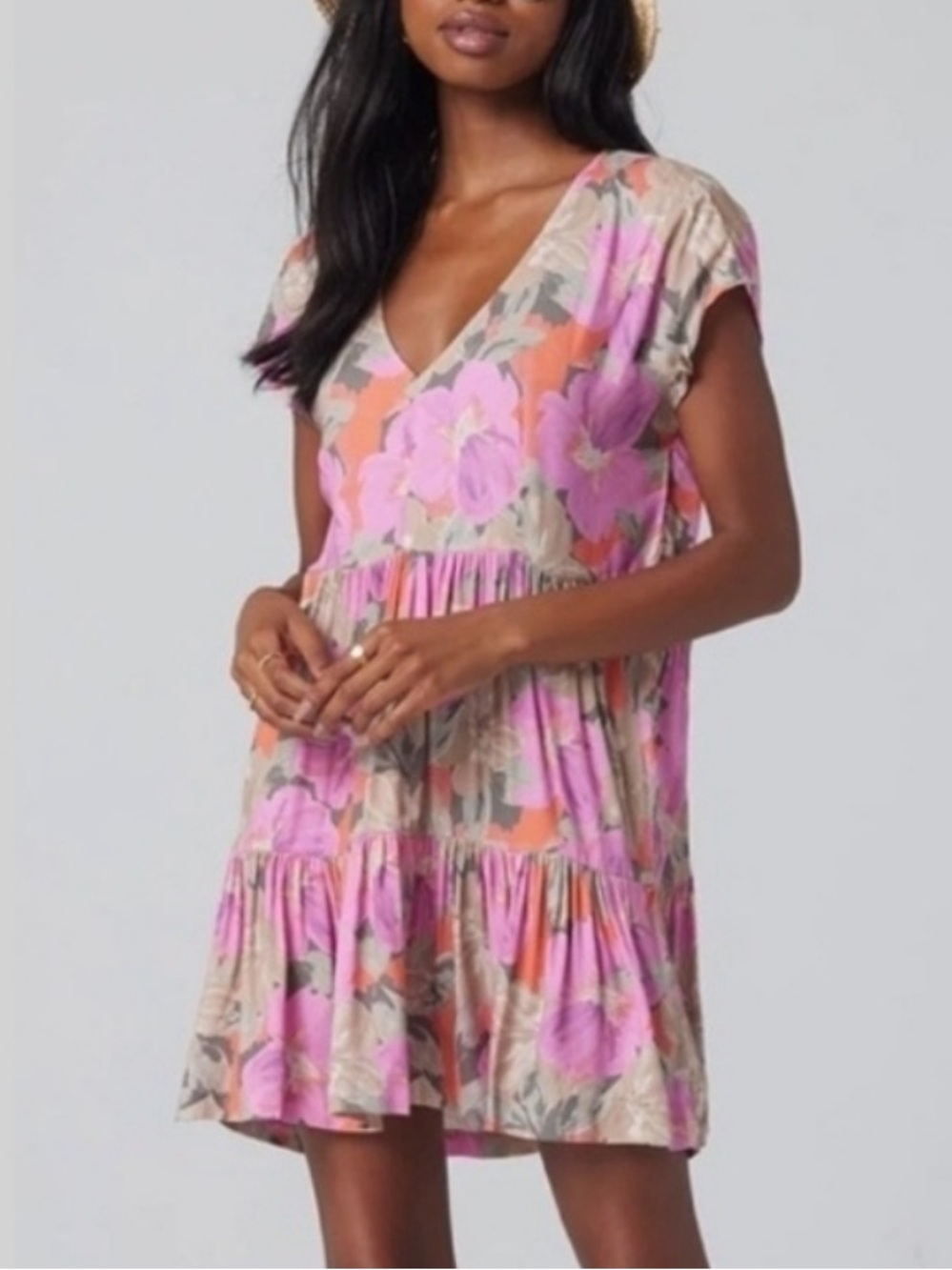 Saltwater Luxe Pink Floral Tiered Babydoll Mini Dress